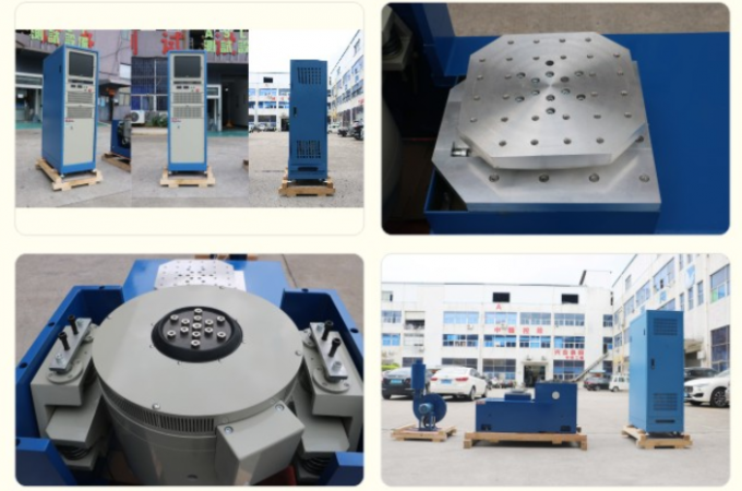 IEC62133 electromagnetic vibration test machine — full system view showing shaker, power amplifier, and cooling fan